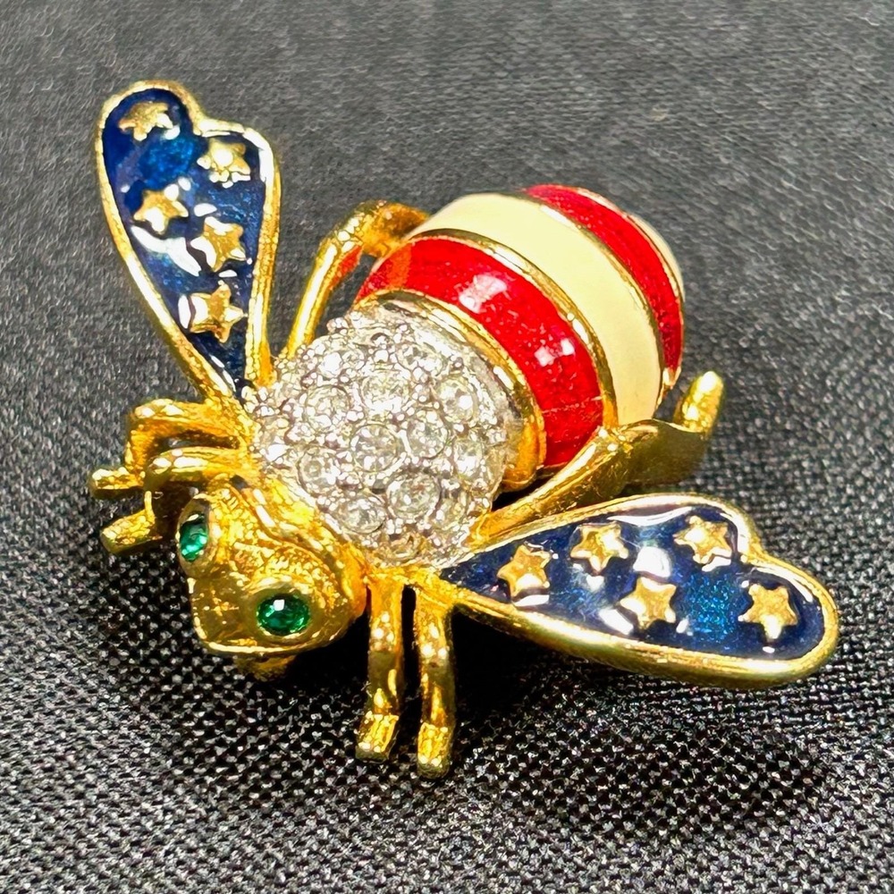 VTG Joan Rivers Patriotic/American Flag Bee Pin/Brooch Crystal/Gold Tone MINT